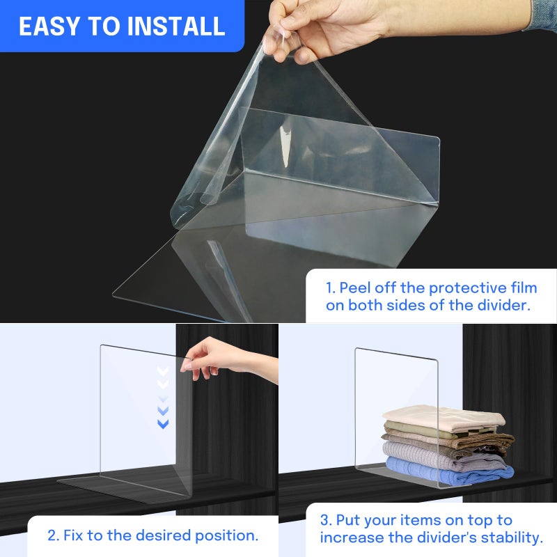 OKPOW Acrylic Shelf Dividers for Closet Organization: 12 Pack Durable Clear Shelves Separators for Clothing Adjustable 12"" Tall x 10"" Deep - Image 5